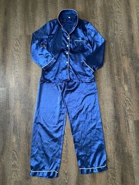 Satin Navy Blue Pajama Set with White Piping